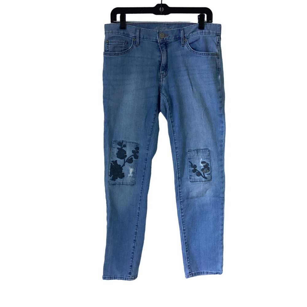 Eddie Bauer Womens Blue Jeans Knee Patch Embroidery Boyfriend Slim Cotton Size 6